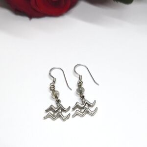 Vintage Zodiac Tailsman Aquarius Glass Bead Dangle Earrings Sterling Silver ECD